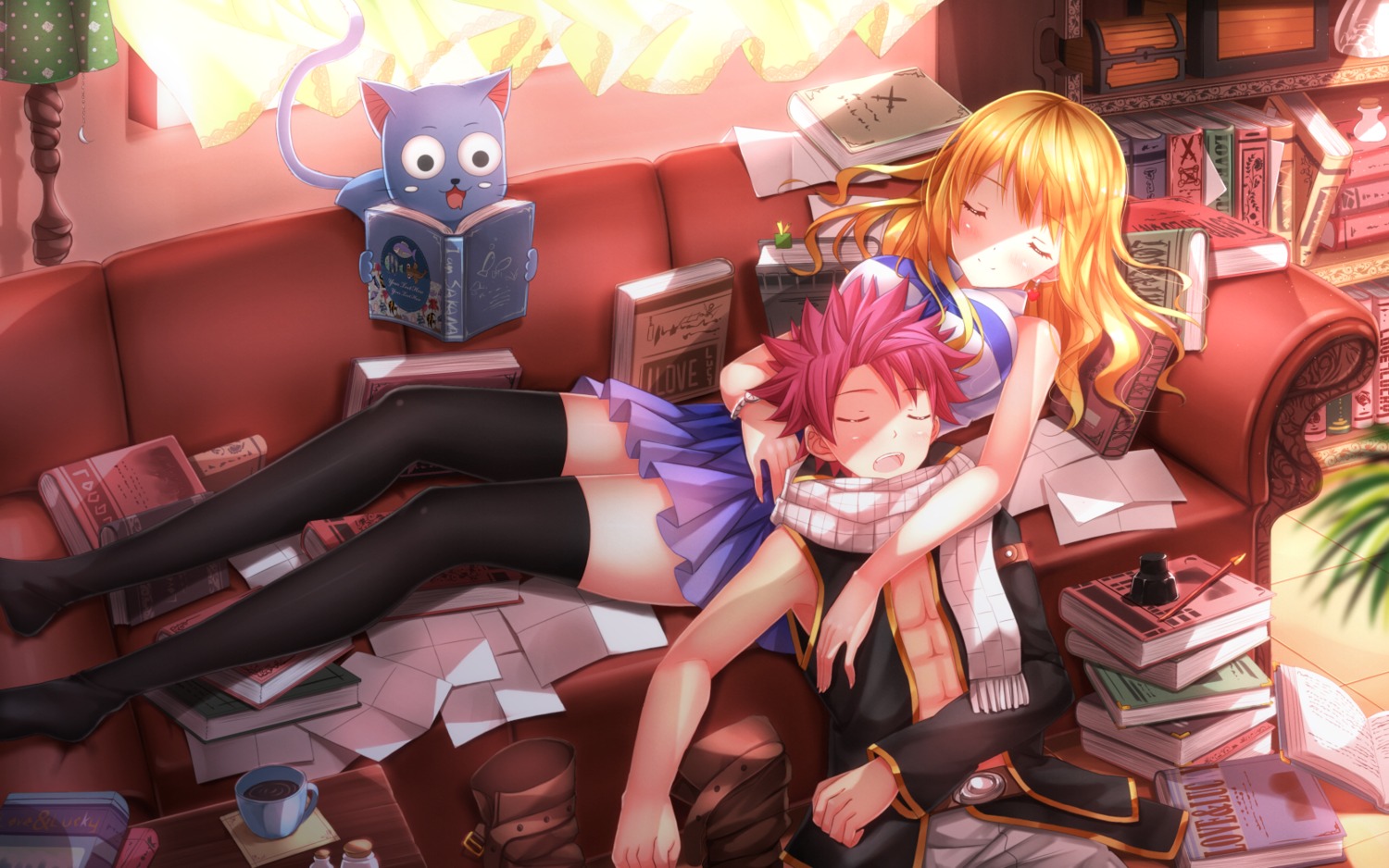 fairy_tail happy_(fairy_tail) lucy_heartfilia natsu_dragneel swordsouls thighhighs wallpaper