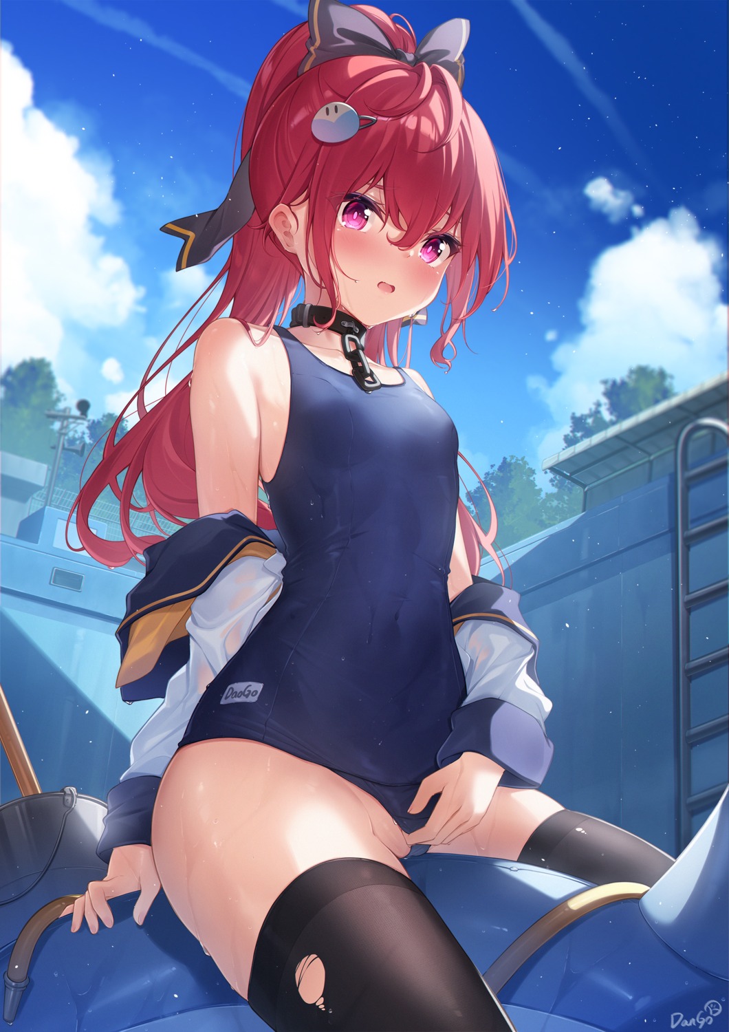 dango_remi school_swimsuit swimsuits thighhighs torn_clothes wet