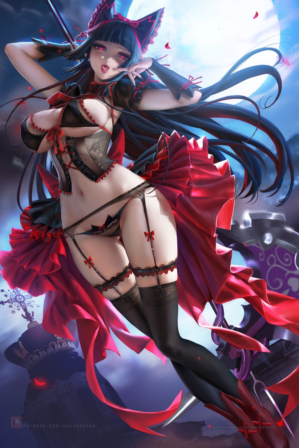 bra erect_nipples garter garter_belt gate:_jieitai_kanochi_nite_kaku_tatakaeri lingerie lolita_fashion pantsu rory_mercury sakimichan see_through stockings thighhighs underboob weapon