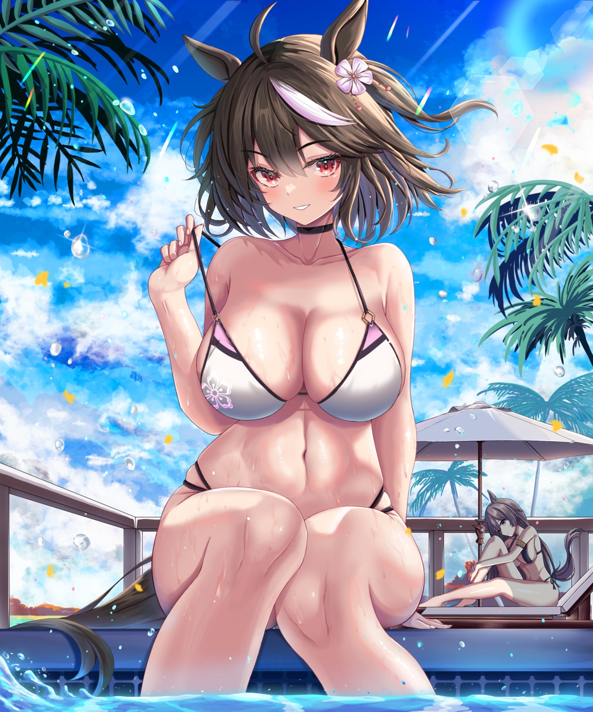 animal_ears bikini kennedukennedy kitasan_black_(umamusume) satono_diamond_(umamusume) swimsuits tail uma_musume_pretty_derby undressing wet