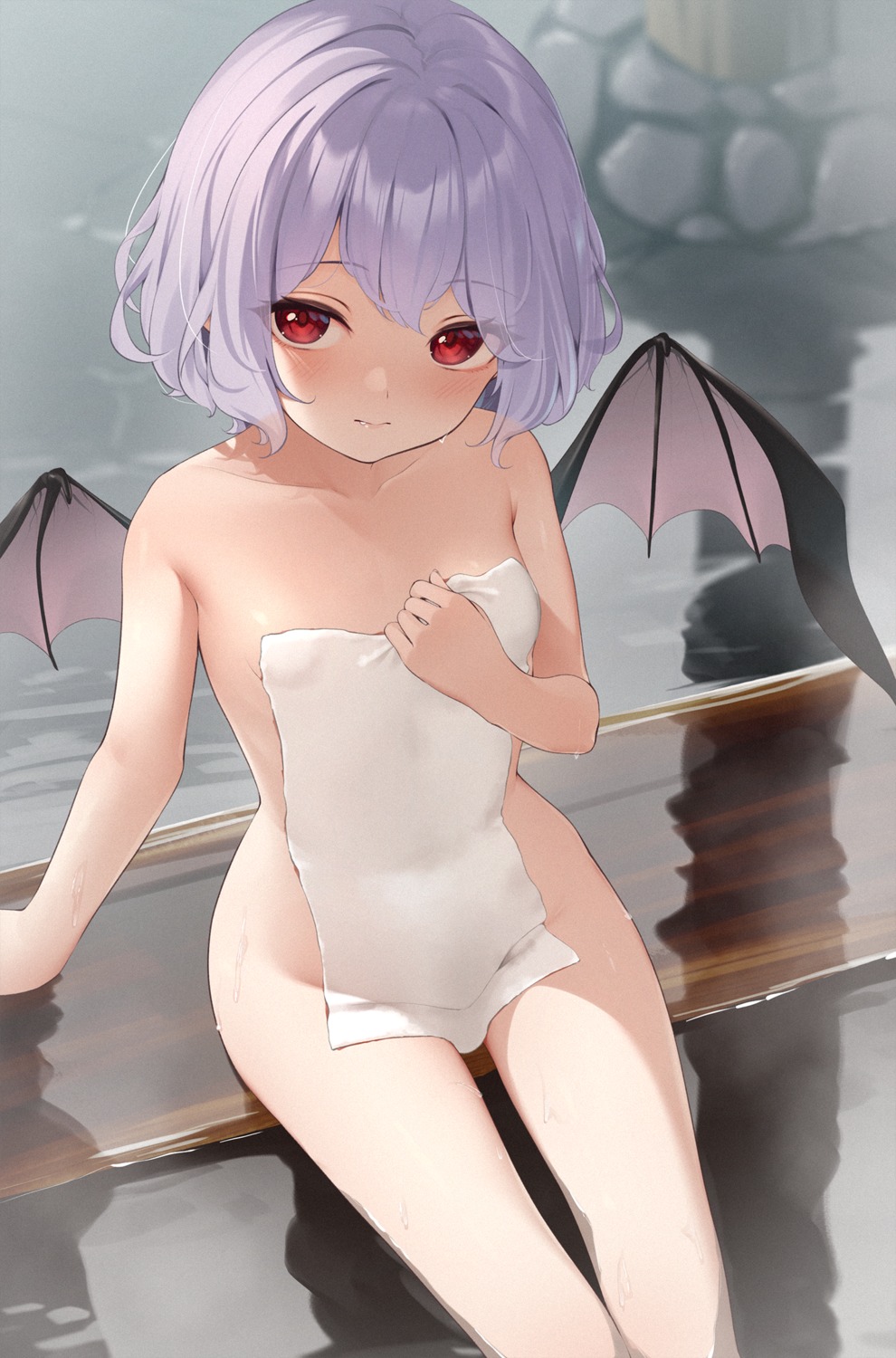 kanpa_(campagne_9) loli naked onsen remilia_scarlet touhou towel wet wings