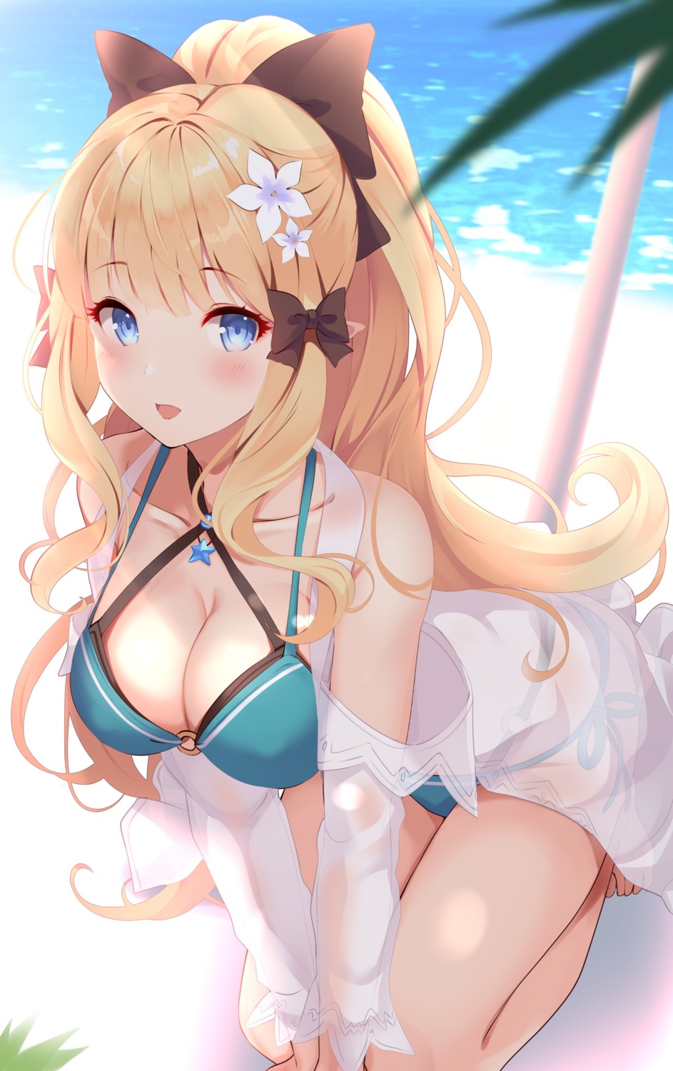 bikini cleavage kujou_ichiso open_shirt pointy_ears princess_connect princess_connect!_re:dive sasaki_saren see_through swimsuits