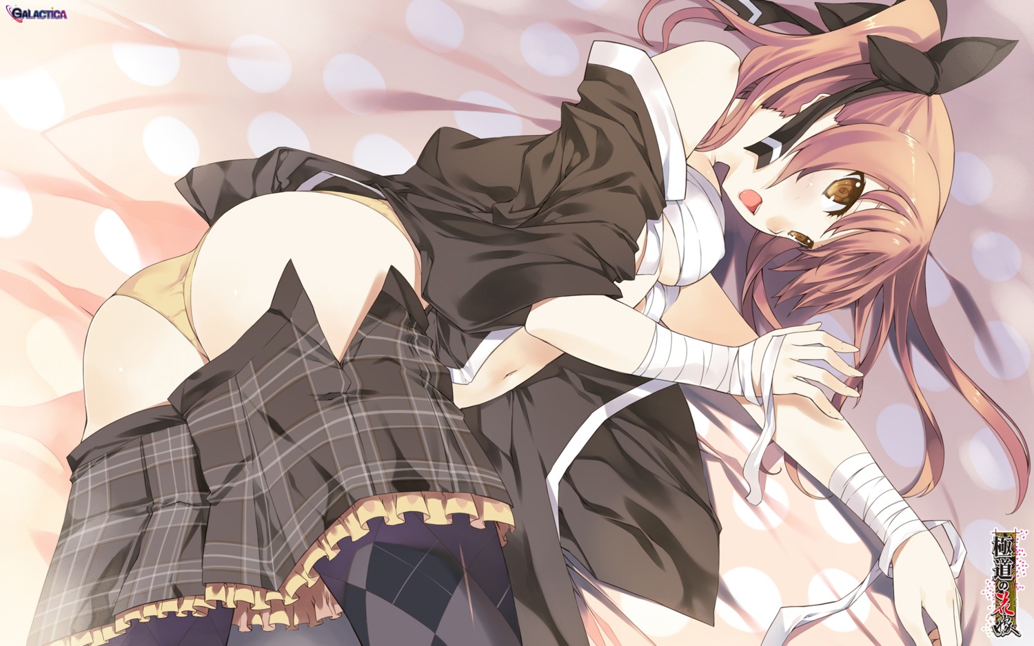 bandages galactica gokudou_no_hanayome open_shirt pantsu sarashi seifuku tachibana_yuu thighhighs undressing wallpaper