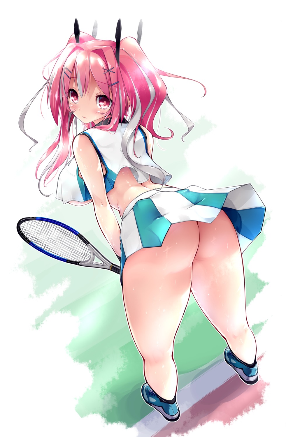 ass azur_lane bremerton_(azur_lane) no_bra nopan scatter_milk skirt_lift tennis underboob