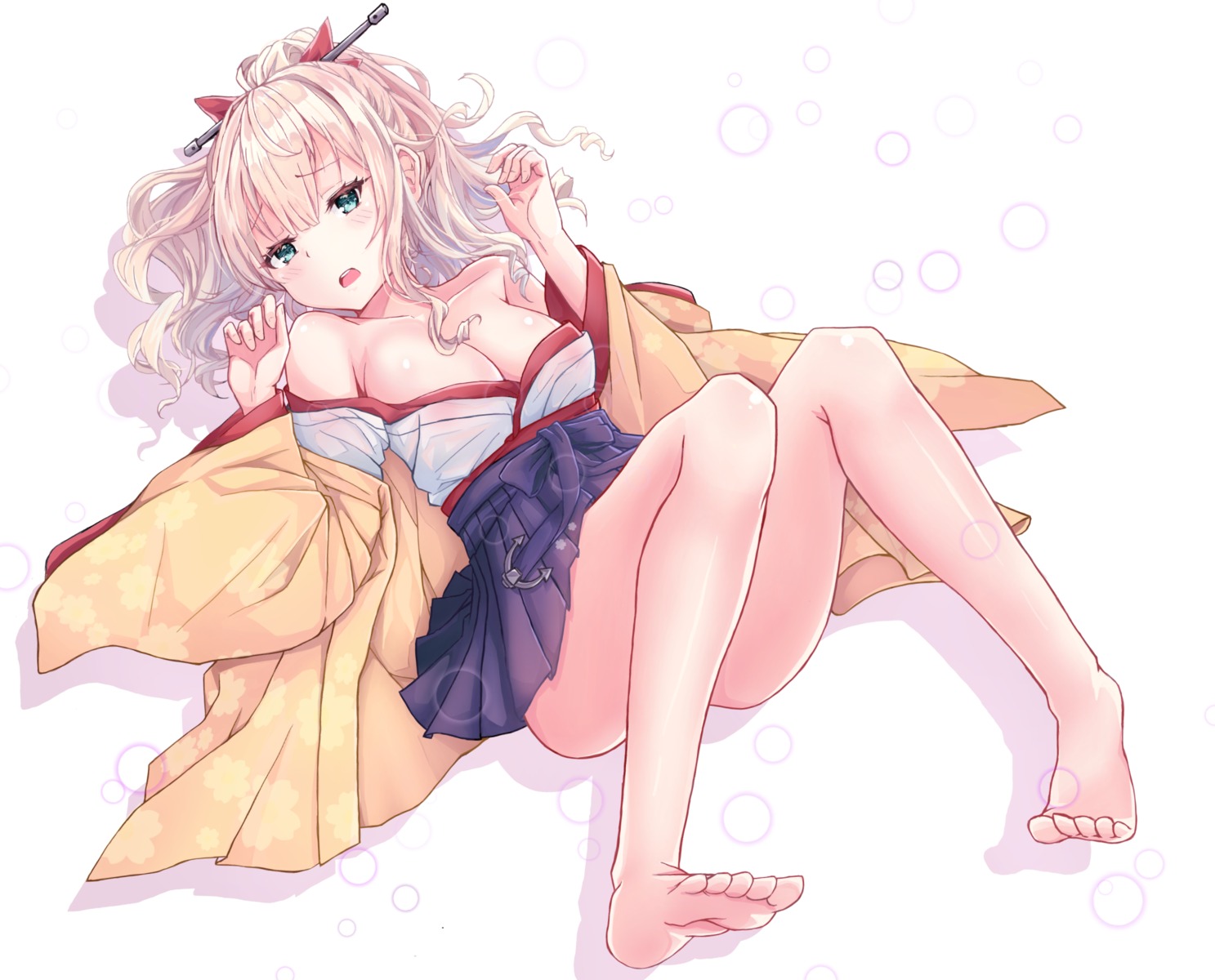 feet hatakaze_(kancolle) japanese_clothes kantai_collection no_bra open_shirt see_through yazuishou_ray