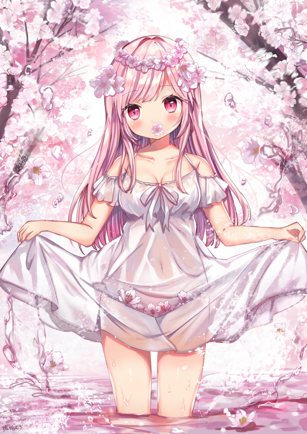 dress kohaku_muro no_bra see_through skirt_lift summer_dress wet wet_clothes