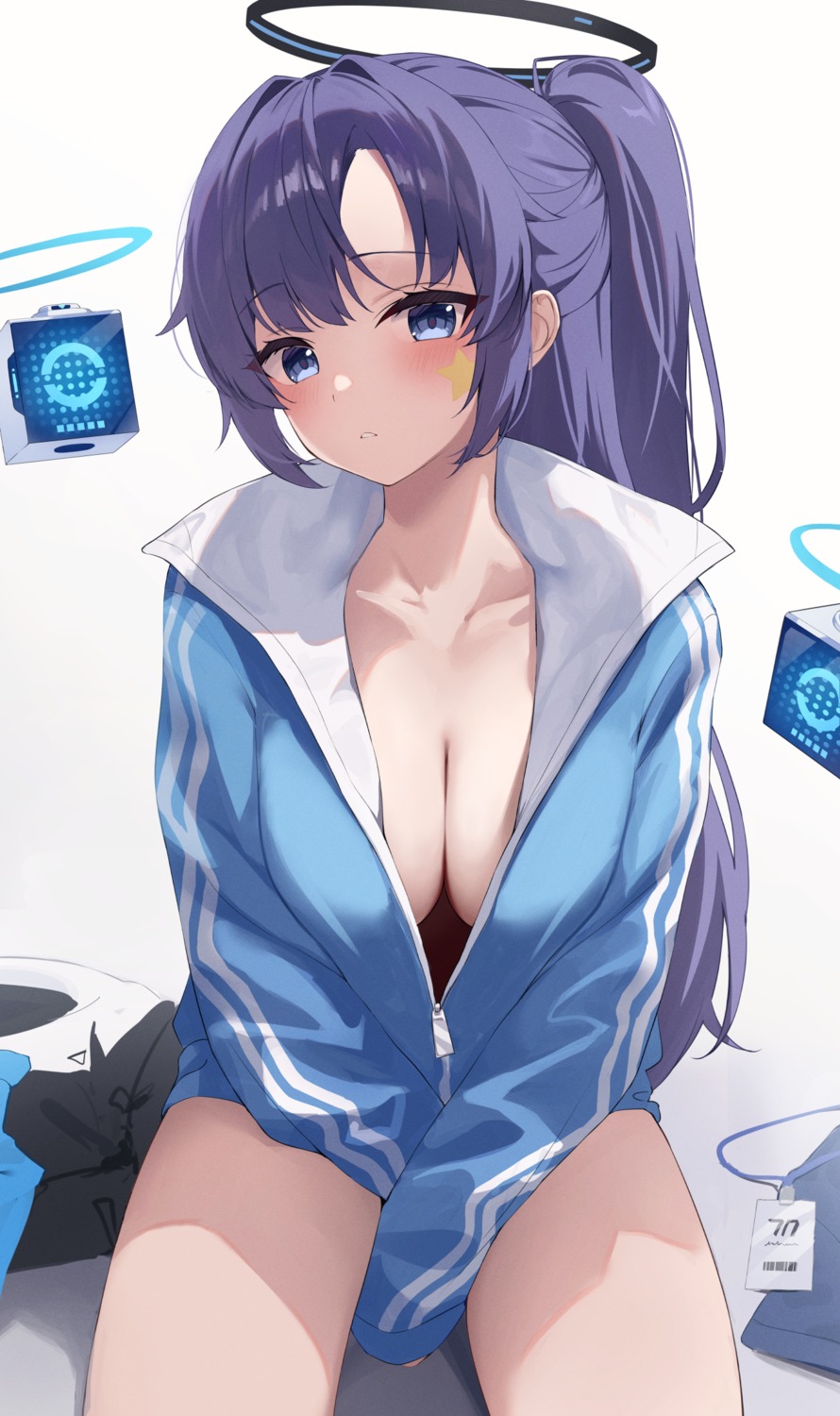 bitseon blue_archive gym_uniform halo hayase_yuuka no_bra open_shirt tattoo