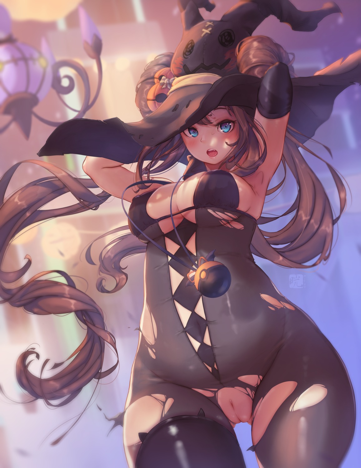 bodysuit bra chandelure halloween mei_(pokemon) mitsu_(mitsu_art) nopan pokemon pokemon_b2w2 pussy thighhighs torn_clothes uncensored witch