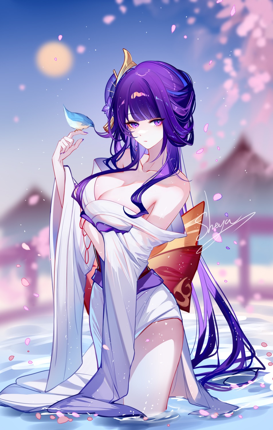 breast_hold genshin_impact japanese_clothes no_bra open_shirt raiden_shogun sheya wet