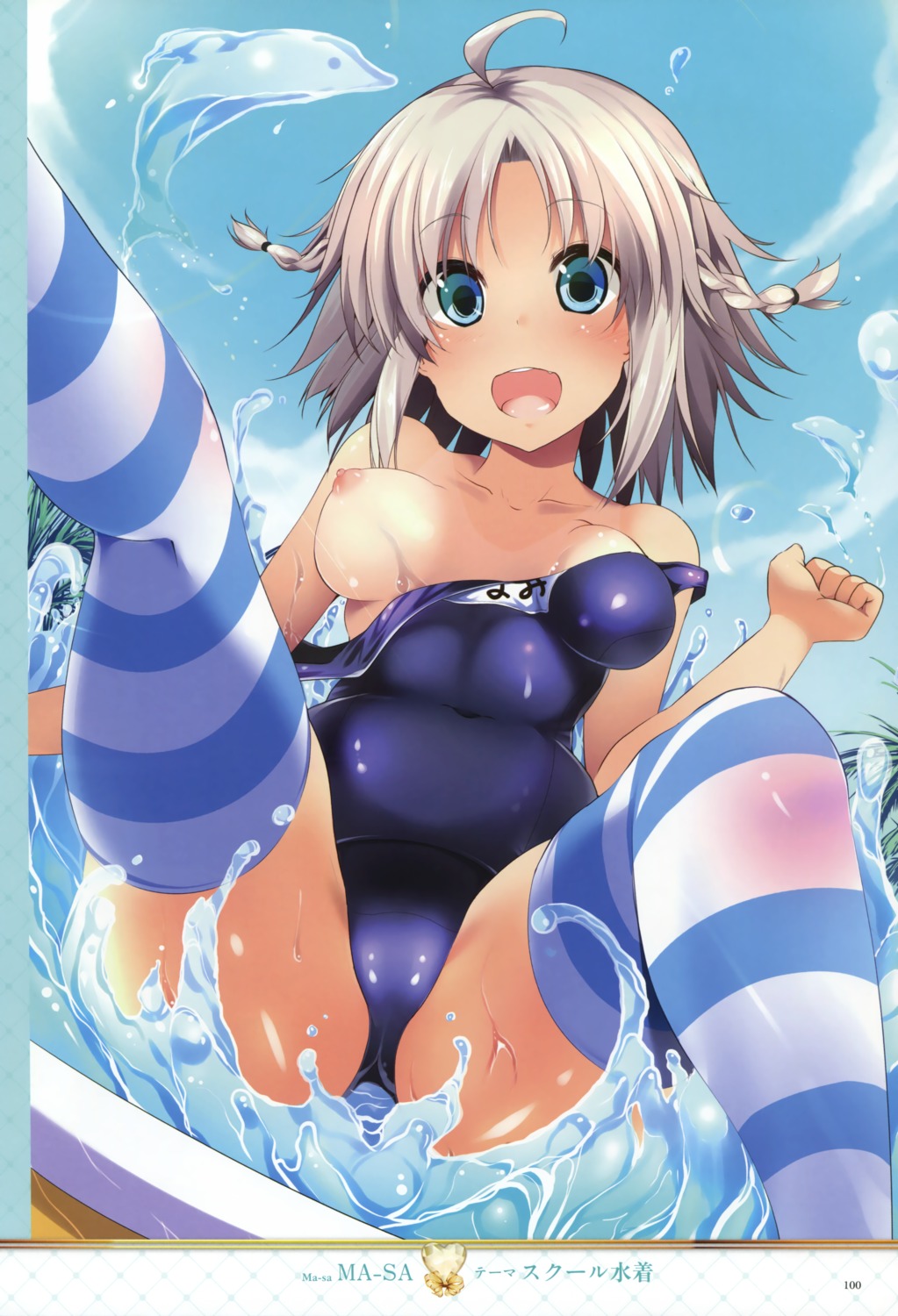 breasts cameltoe ma-sa nipples school_swimsuit swimsuits tan_lines thighhighs wardrobe_malfunction wet