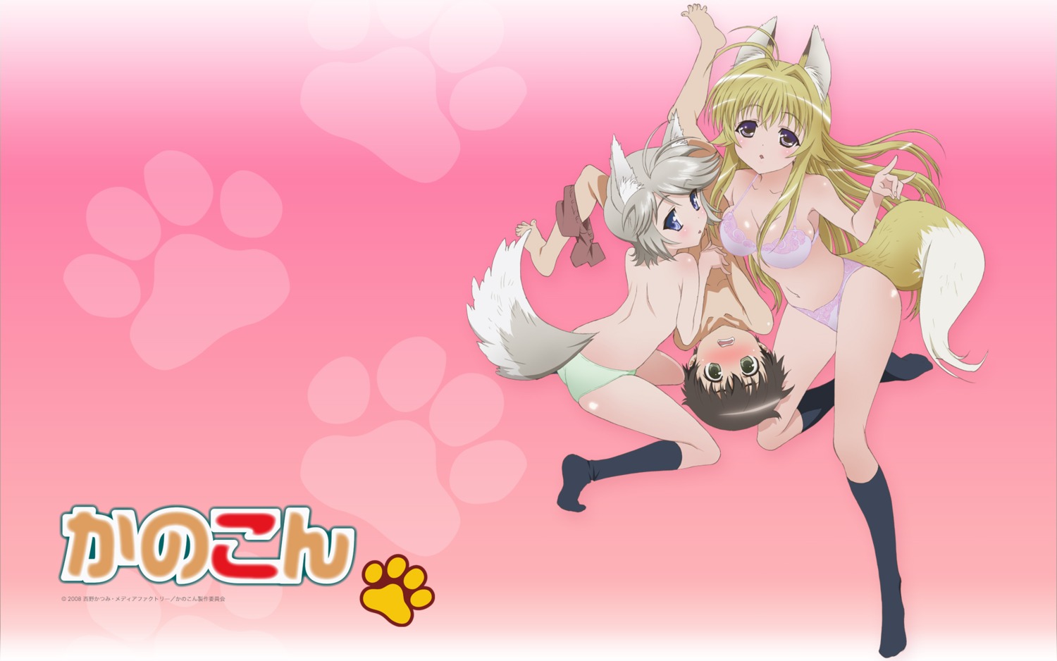 animal_ears bra cleavage ezomori_nozomu feet kanokon kitsune minamoto_chizuru naked oyamada_kouta pantsu tail takami_akio topless wallpaper