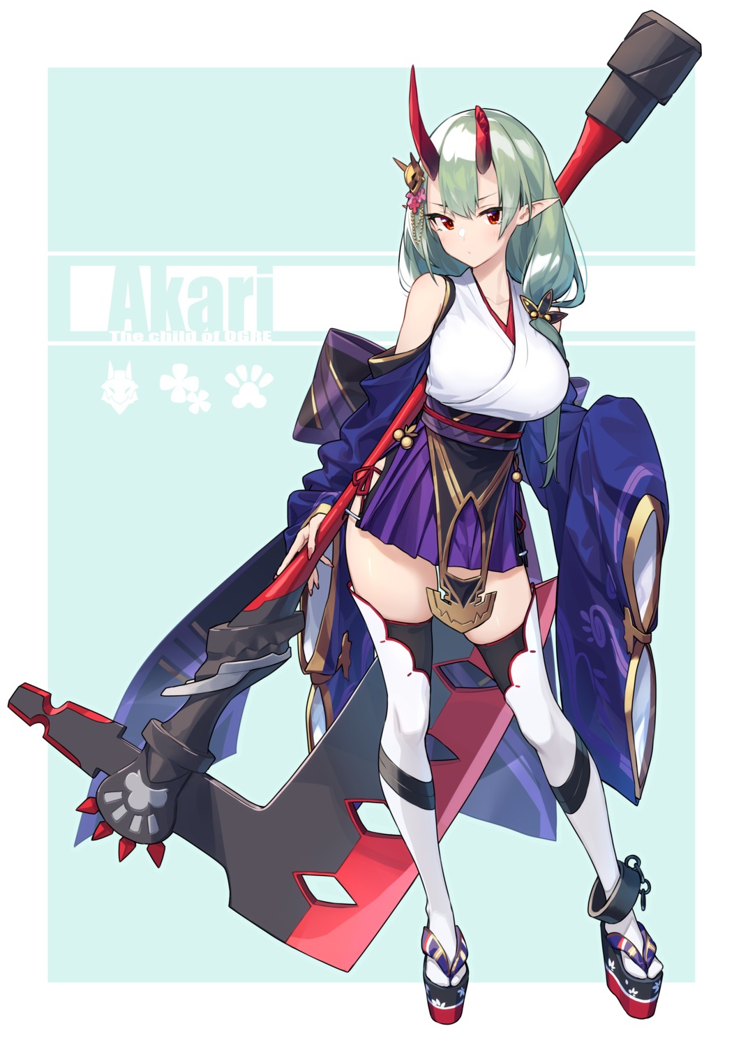 akari_(baffu) baffu horns japanese_clothes pointy_ears thighhighs weapon