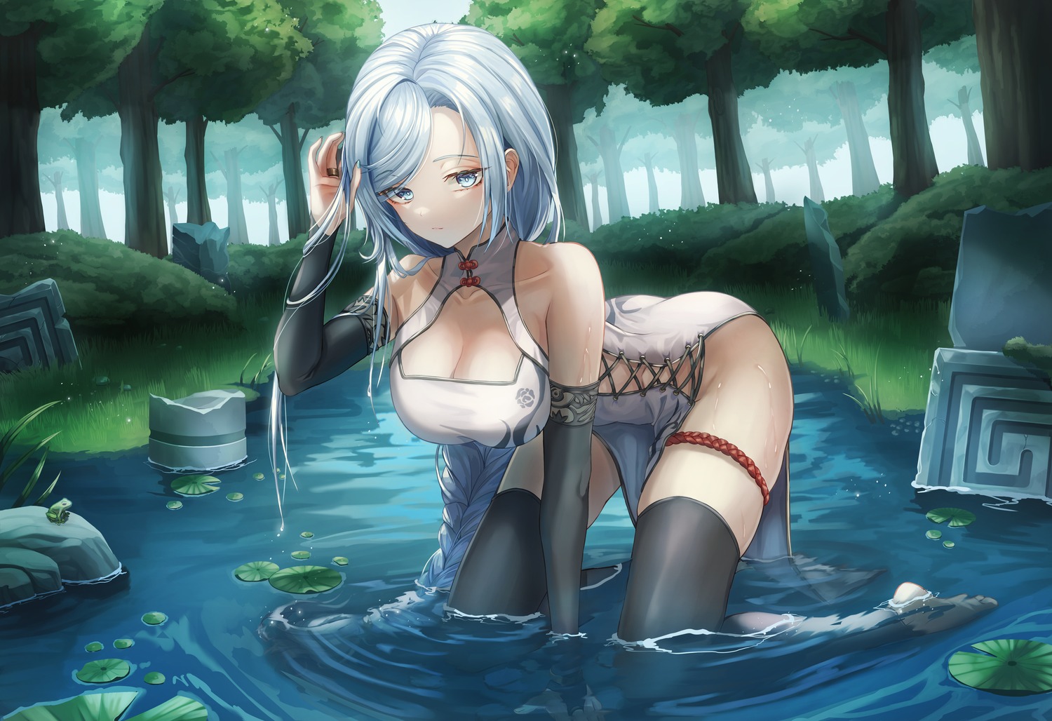 chinadress garter genshin_impact no_bra shenhe slime_nyang thighhighs wet