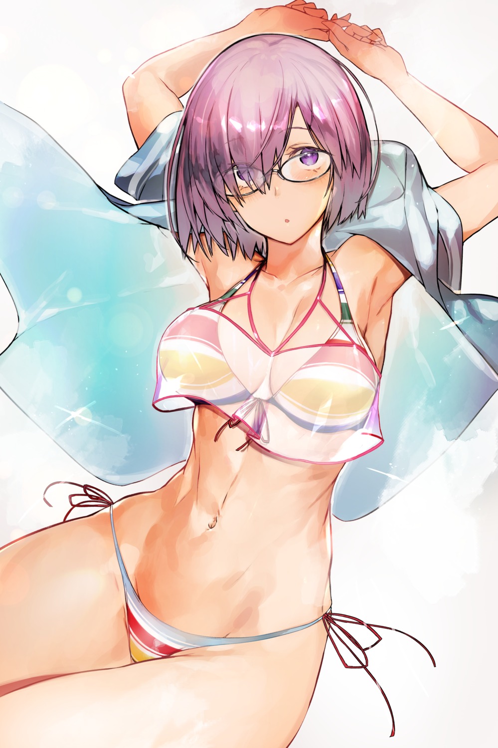 bikini cleavage fate/grand_order mash_kyrielight megane nishiide_kengorou open_shirt see_through swimsuits