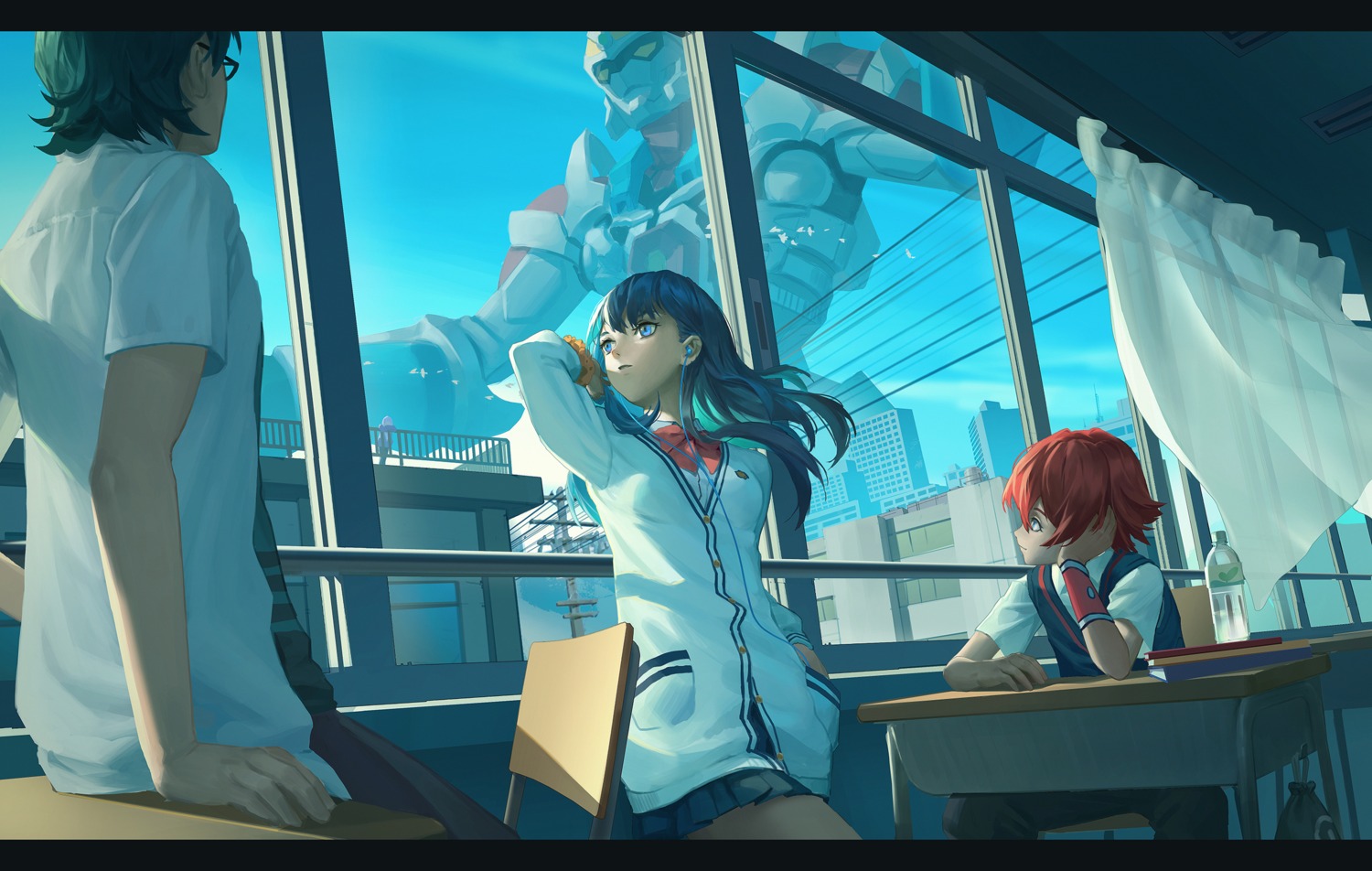 headphones hibiki_yuuta kirinottk mecha megane seifuku ssss.gridman sweater takarada_rikka utsumi_shou