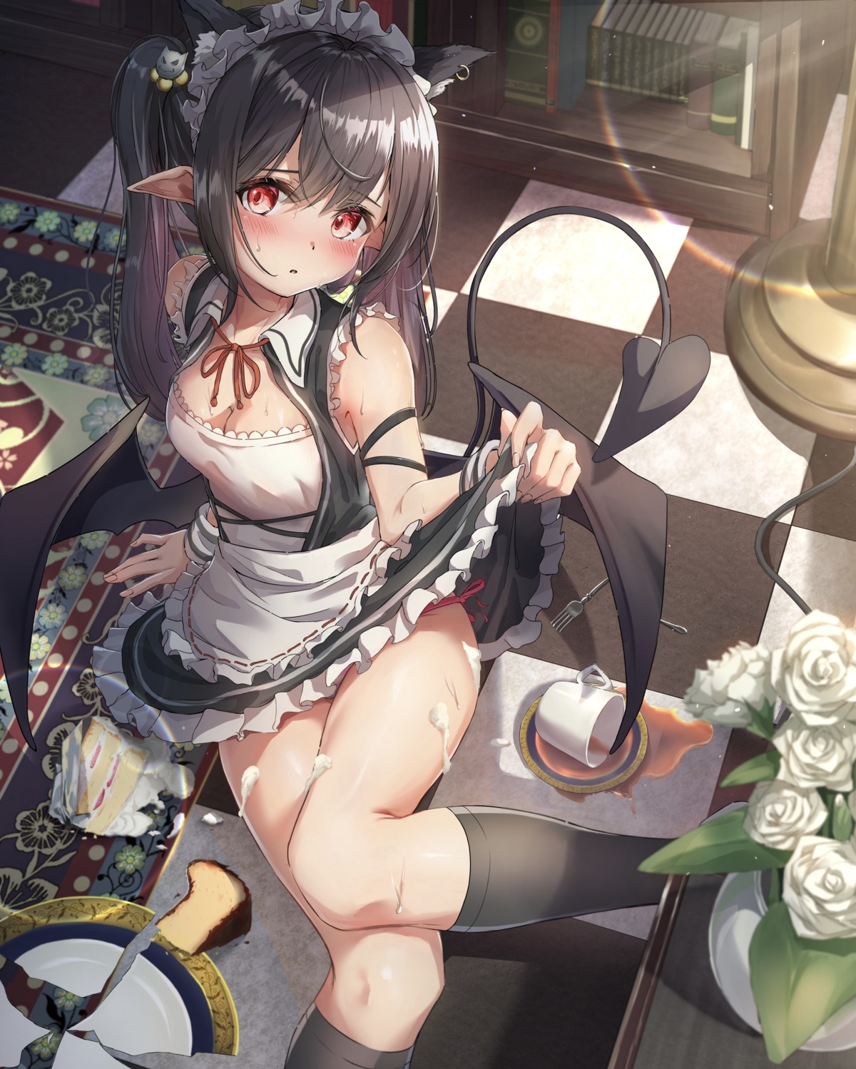 animal_ears cleavage cream maid nekomimi nose_(oekaki1825) pointy_ears skirt_lift tail wings