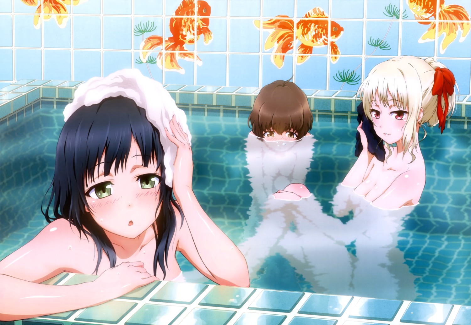 bathing kunogi_ai naked ogasawara_rinko shirobako towel wet yasuhara_ema