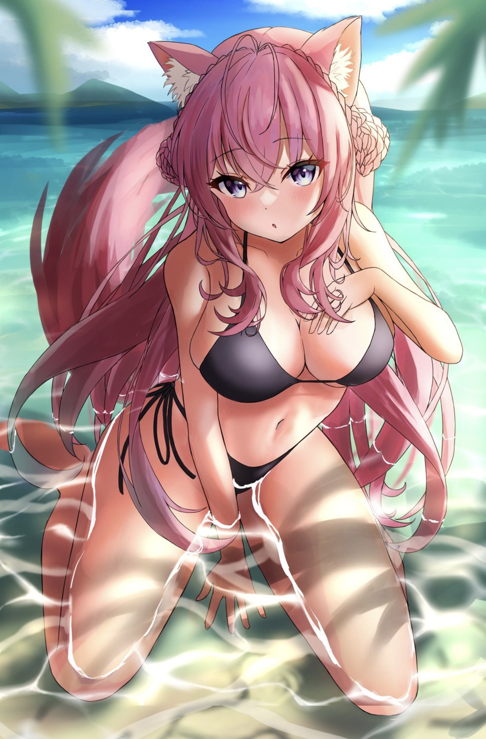 animal_ears bikini breast_hold hakui_koyori hololive kirinagi swimsuits tail wet