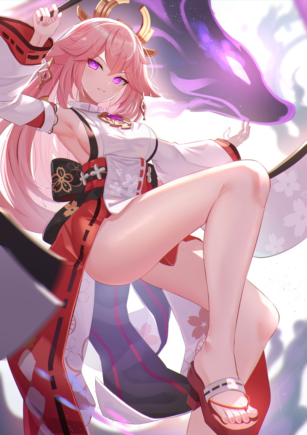 animal_ears feet genshin_impact japanese_clothes mirufuaa no_bra yae_miko