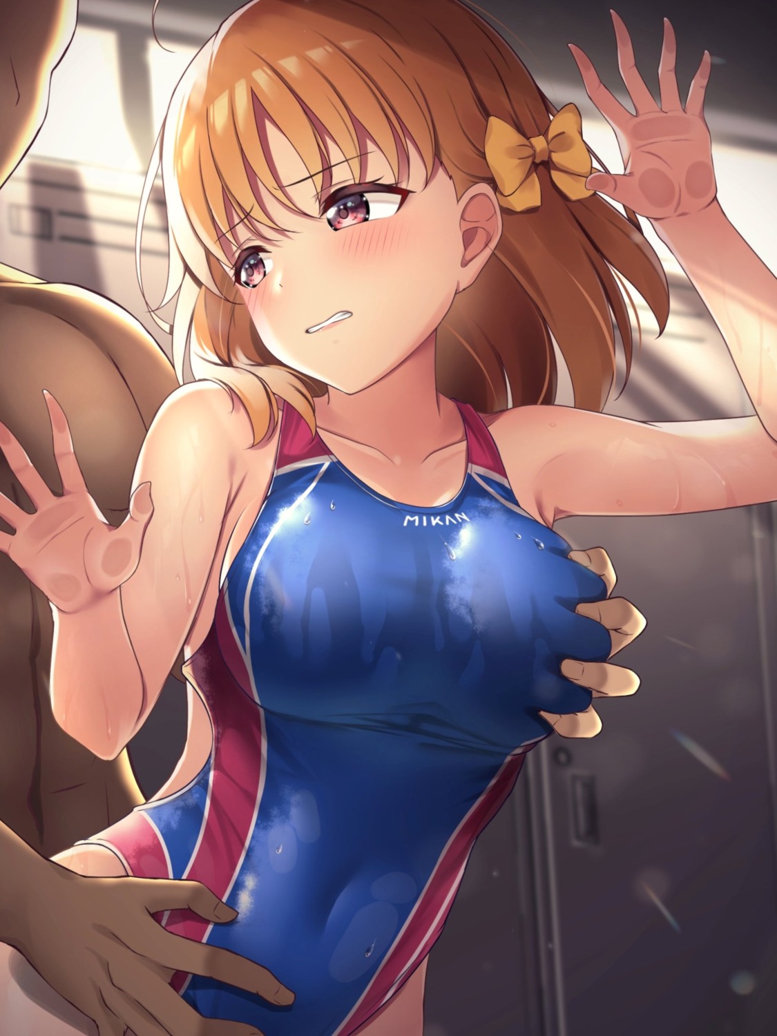 breast_grab love_live!_sunshine!! oku_1225 swimsuits takami_chika wet_clothes