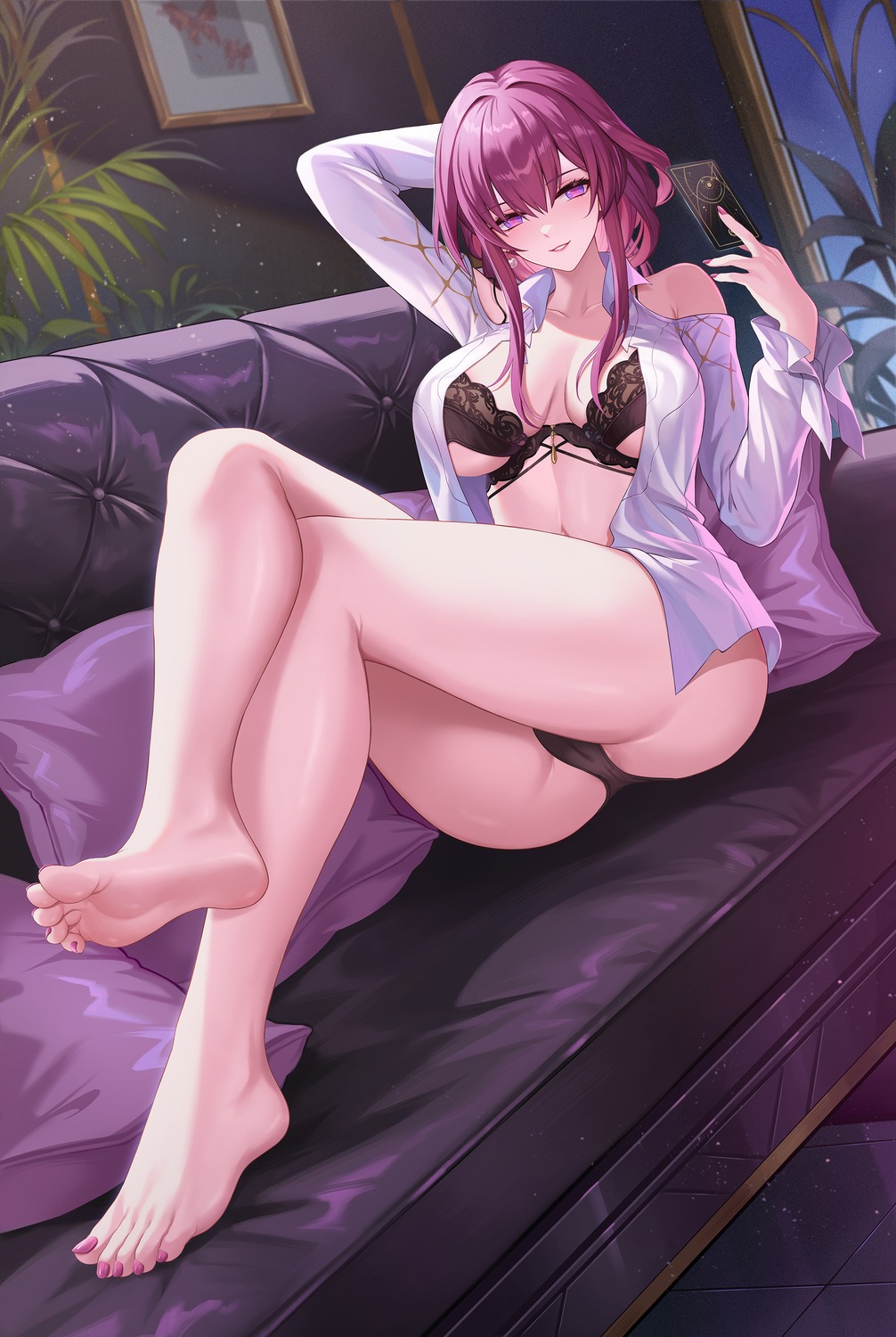 bra cameltoe dress_shirt feet honkai:_star_rail kacyu kafka_(honkai:_star_rail) open_shirt pantsu thong