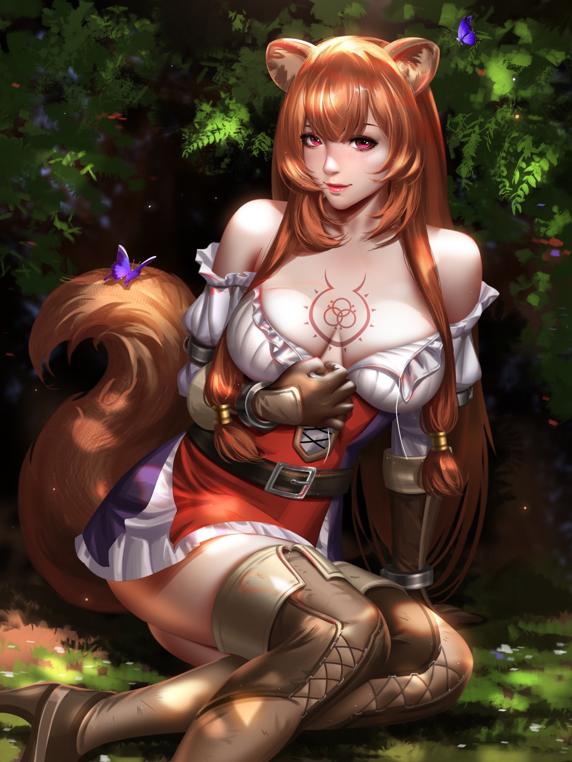 animal_ears cleavage liang_xing no_bra raphtalia tail tate_no_yuusha_no_nariagari tattoo thighhighs