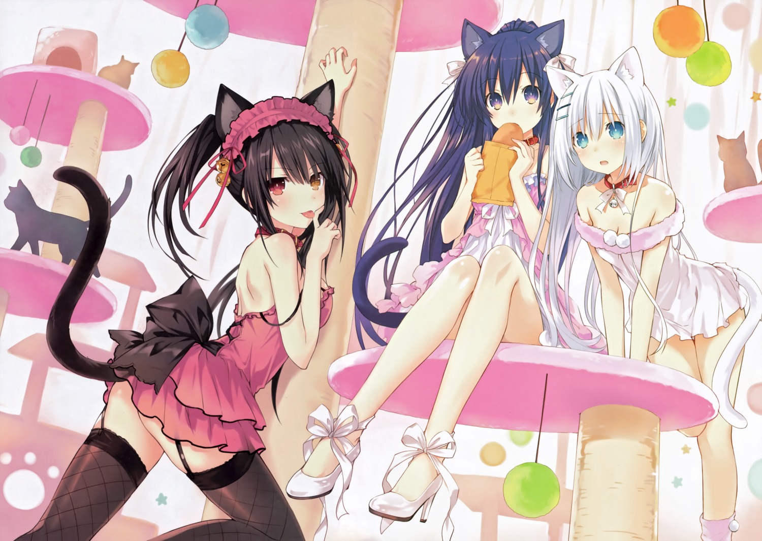 animal_ears cleavage date_a_live dress fishnets heels heterochromia neko nekomimi no_bra nopan stockings tail thighhighs tobiichi_origami tokisaki_kurumi tsunako yatogami_tooka