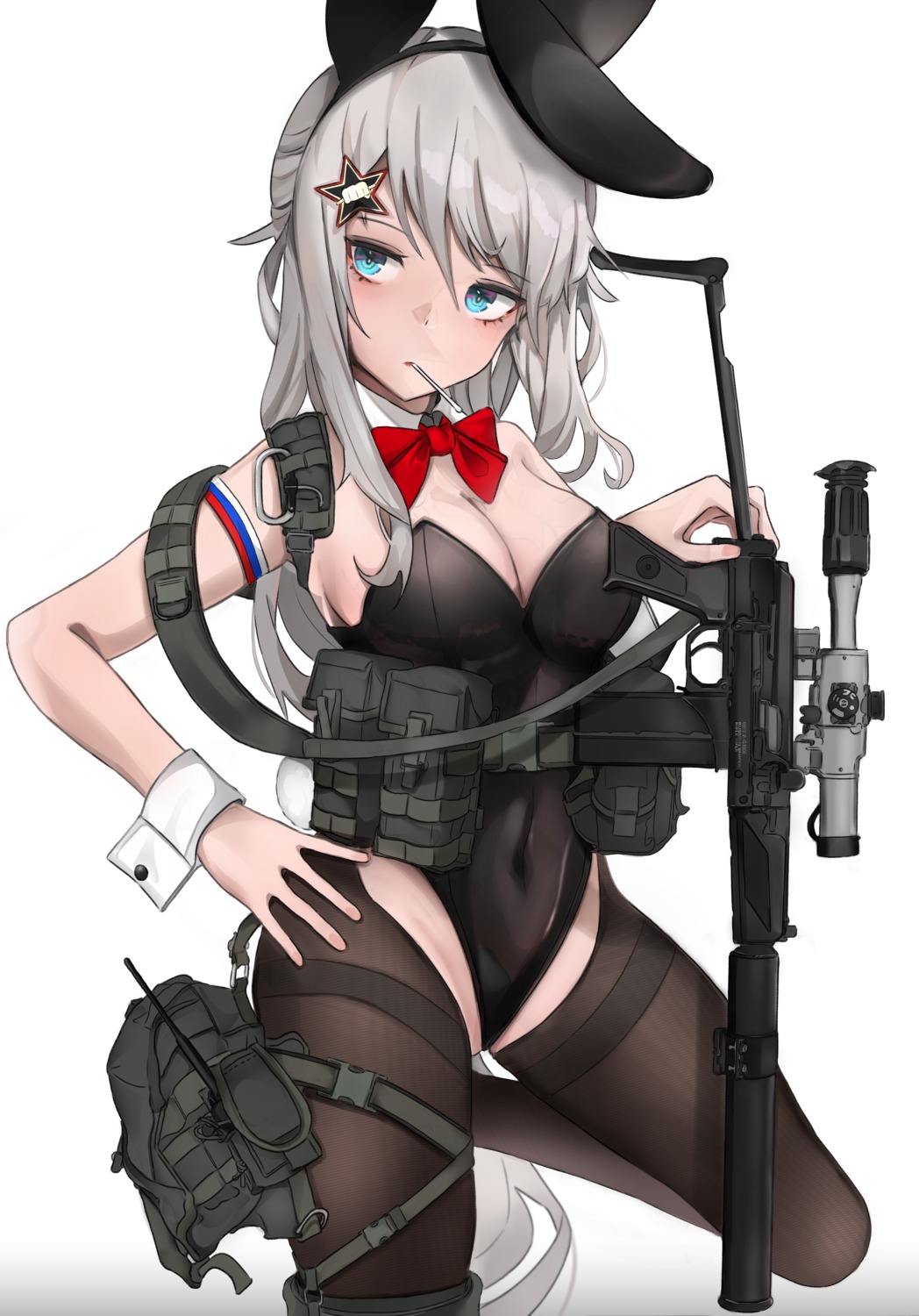 9a-91_(girls_frontline) animal_ears bunny_ears bunny_girl fte_(fifteen_199) garter girls_frontline gun no_bra pantyhose