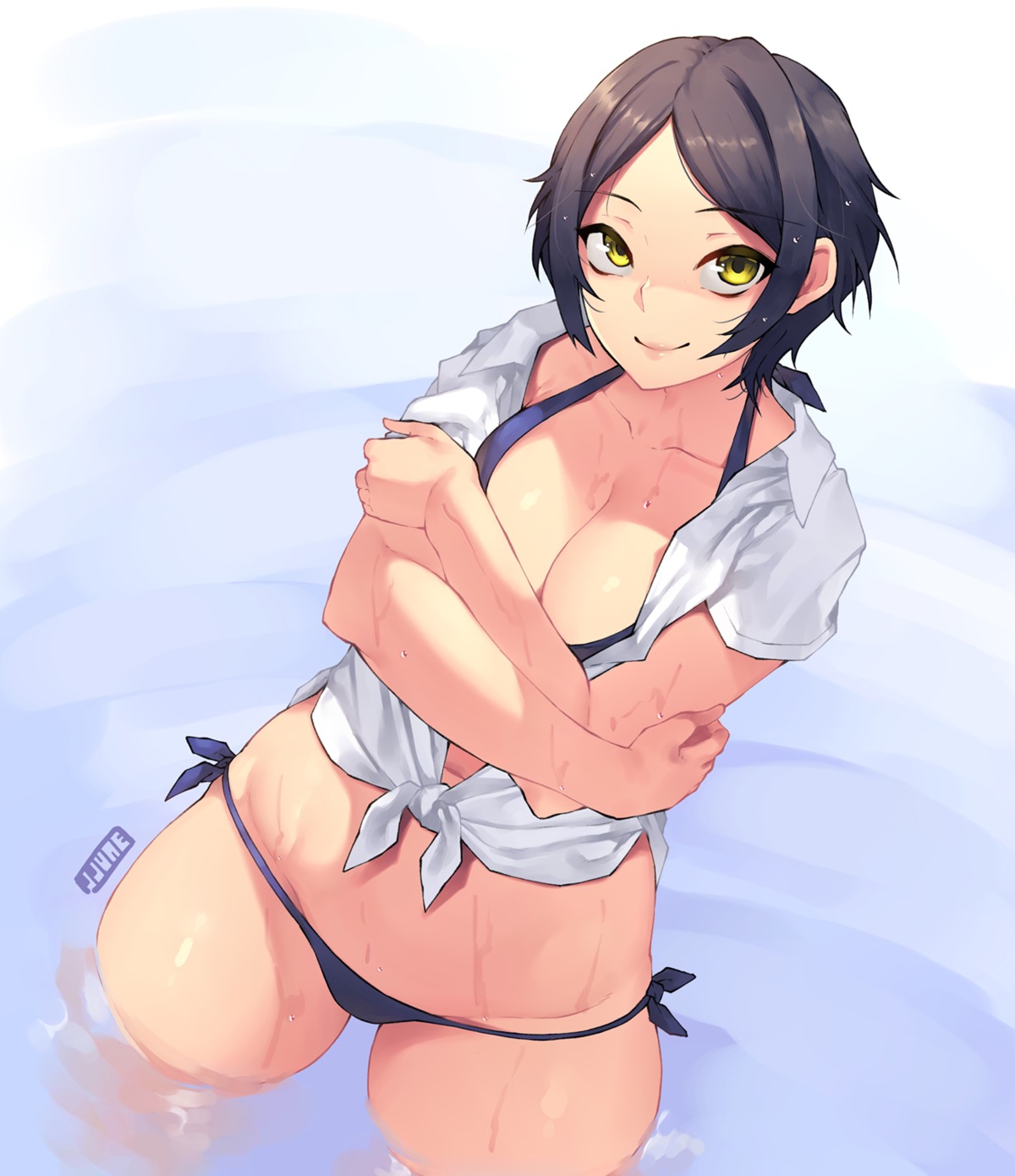 bikini breast_hold cleavage hayami_kanade jjune open_shirt swimsuits the_idolm@ster the_idolm@ster_cinderella_girls wet