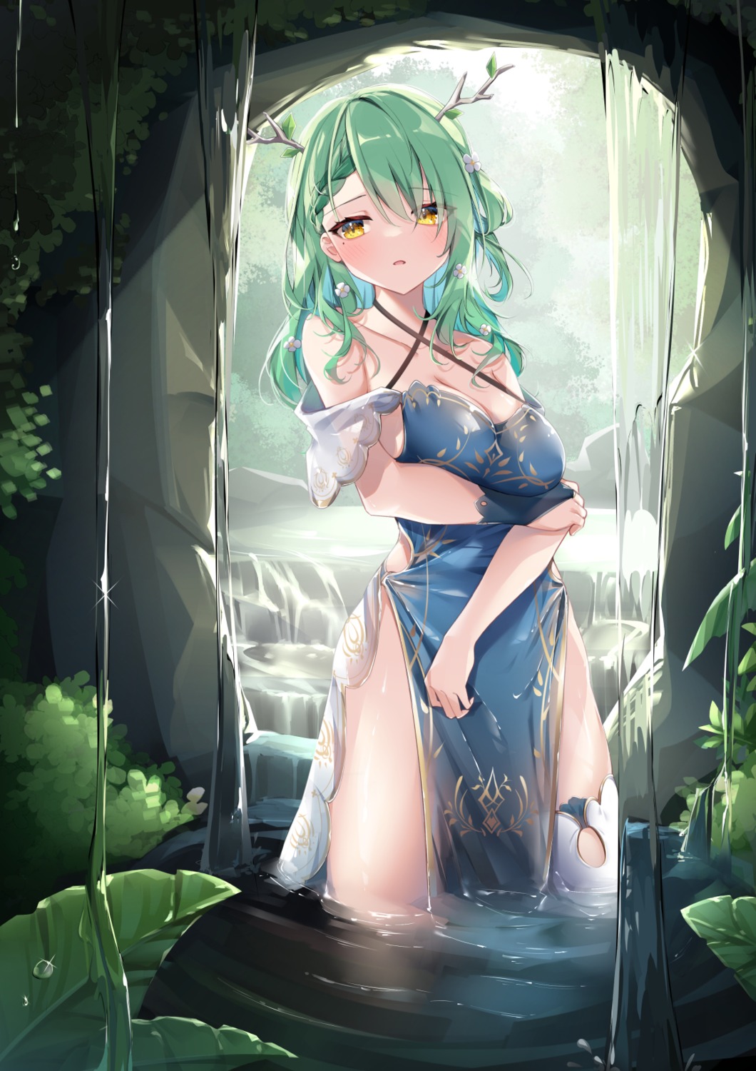 ceres_fauna chinadress cleavage hololive hololive_english horns no_bra see_through thighhighs umou_(may65879) wet