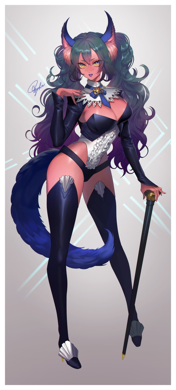 animal_ears cleavage heels pantsu tail tajima_yukie thighhighs