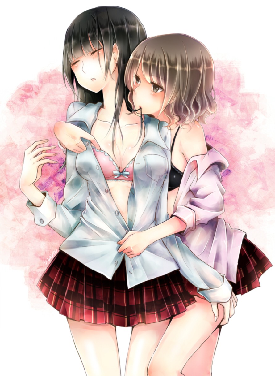 bra cleavage open_shirt saaya_(ckck7) seifuku yuri