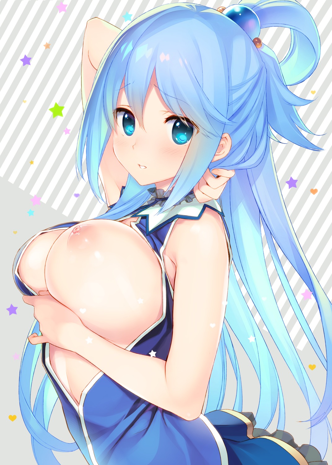 aqua_(konosuba) breast_hold breasts kono_subarashii_sekai_ni_shukufuku_wo! nipples no_bra open_shirt tatami_to_hinoki wasabi