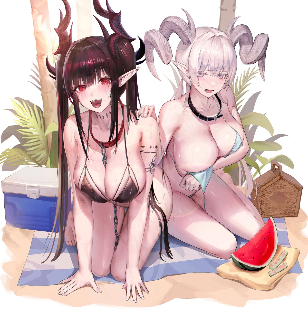 bikini breast_hold horns pointy_ears swimsuits wardrobe_malfunction yjs0803123