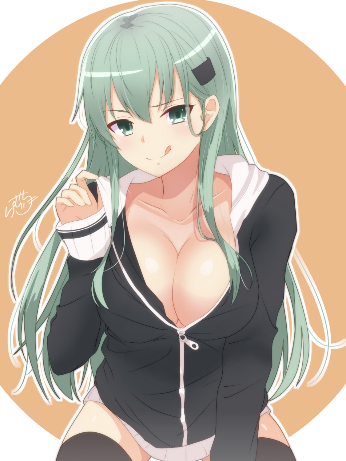 cleavage kantai_collection open_shirt ramchi suzuya_(kancolle) thighhighs