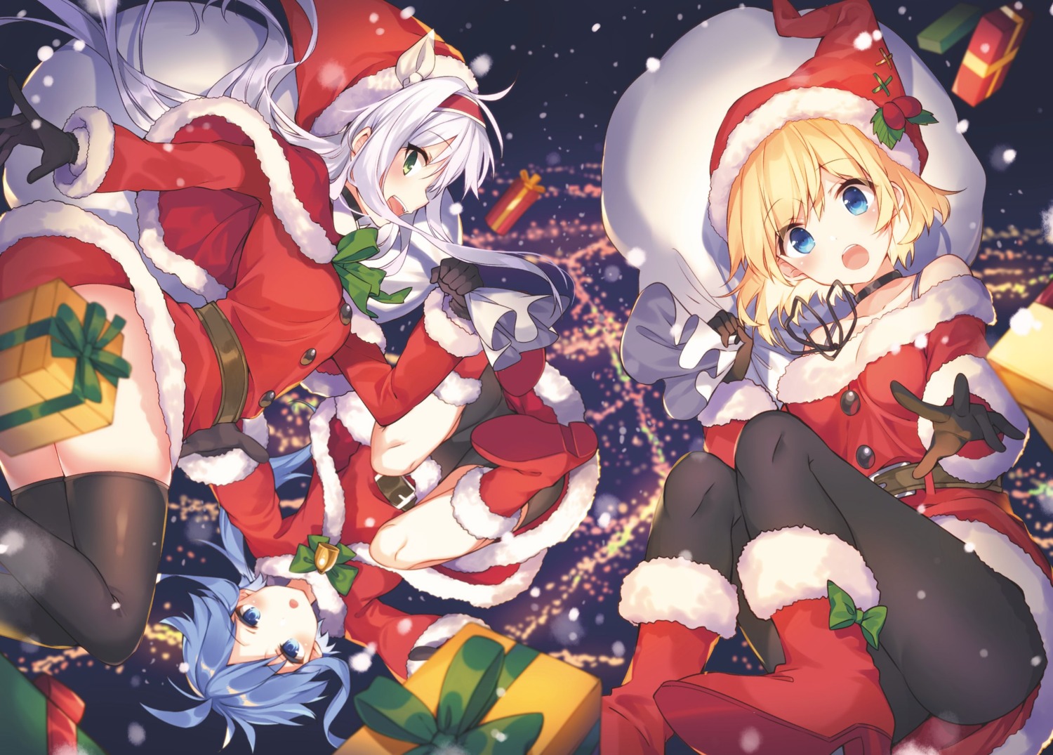 ass bike_shorts christmas dress heels mishima_kurone nopan pantyhose rokudenashi_majutsu_koushi_to_kinki_kyouten rokudenashi_majutsu_koushi_to_memory_records rumia_tingel ryiel_rayford sistina_fibel skirt_lift thighhighs