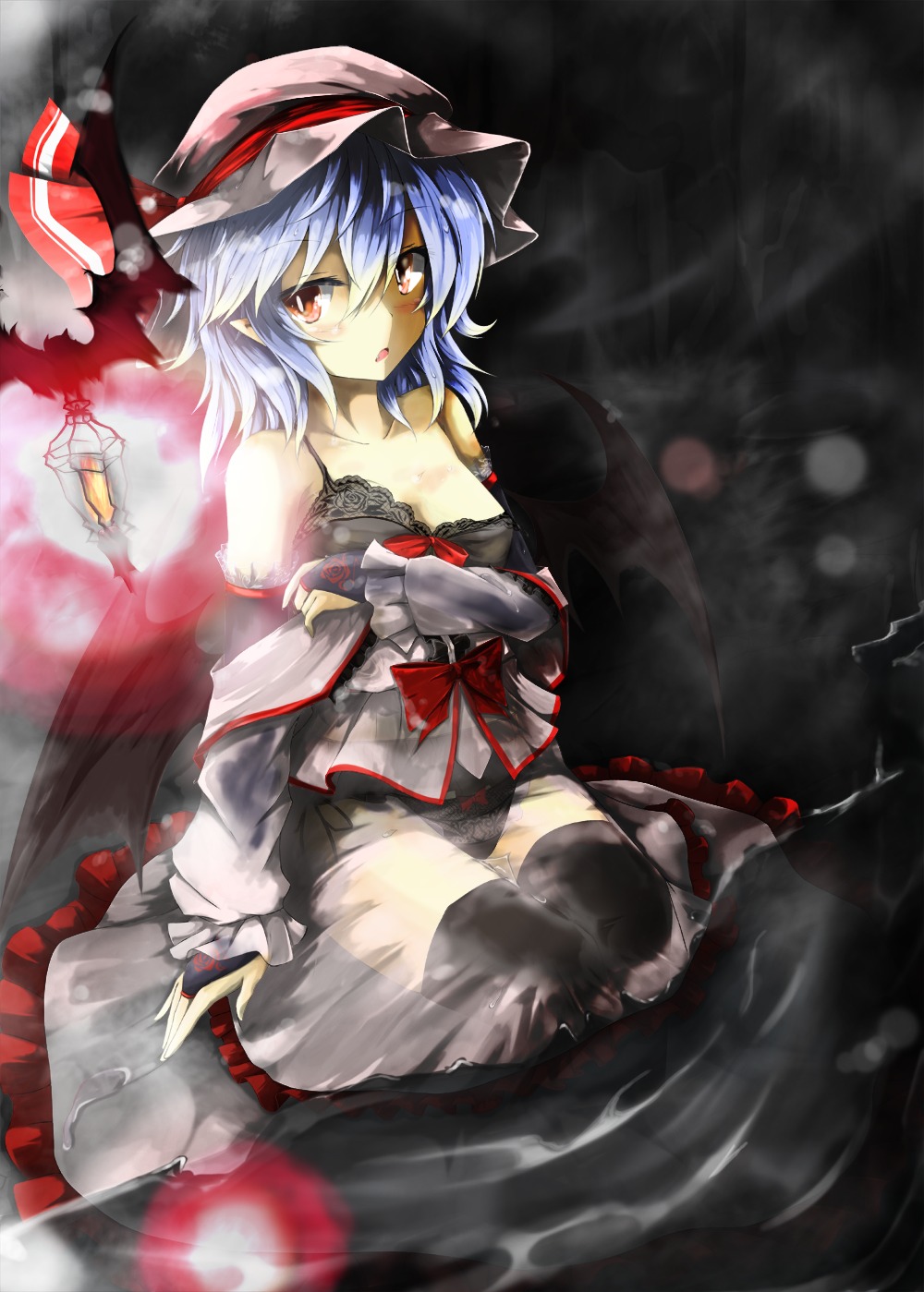 akisome_hatsuka bra pantsu remilia_scarlet see_through thighhighs touhou wet wings