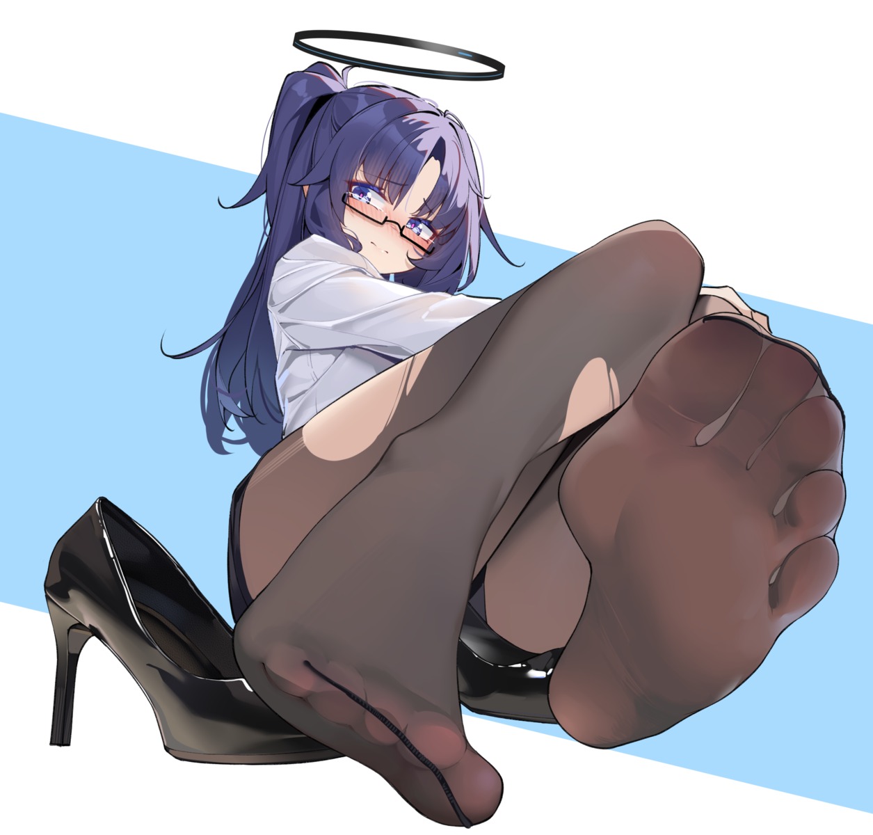 blue_archive dress_shirt feet halo hayase_yuuka megane painterliuhao pantsu pantyhose skirt_lift torn_clothes