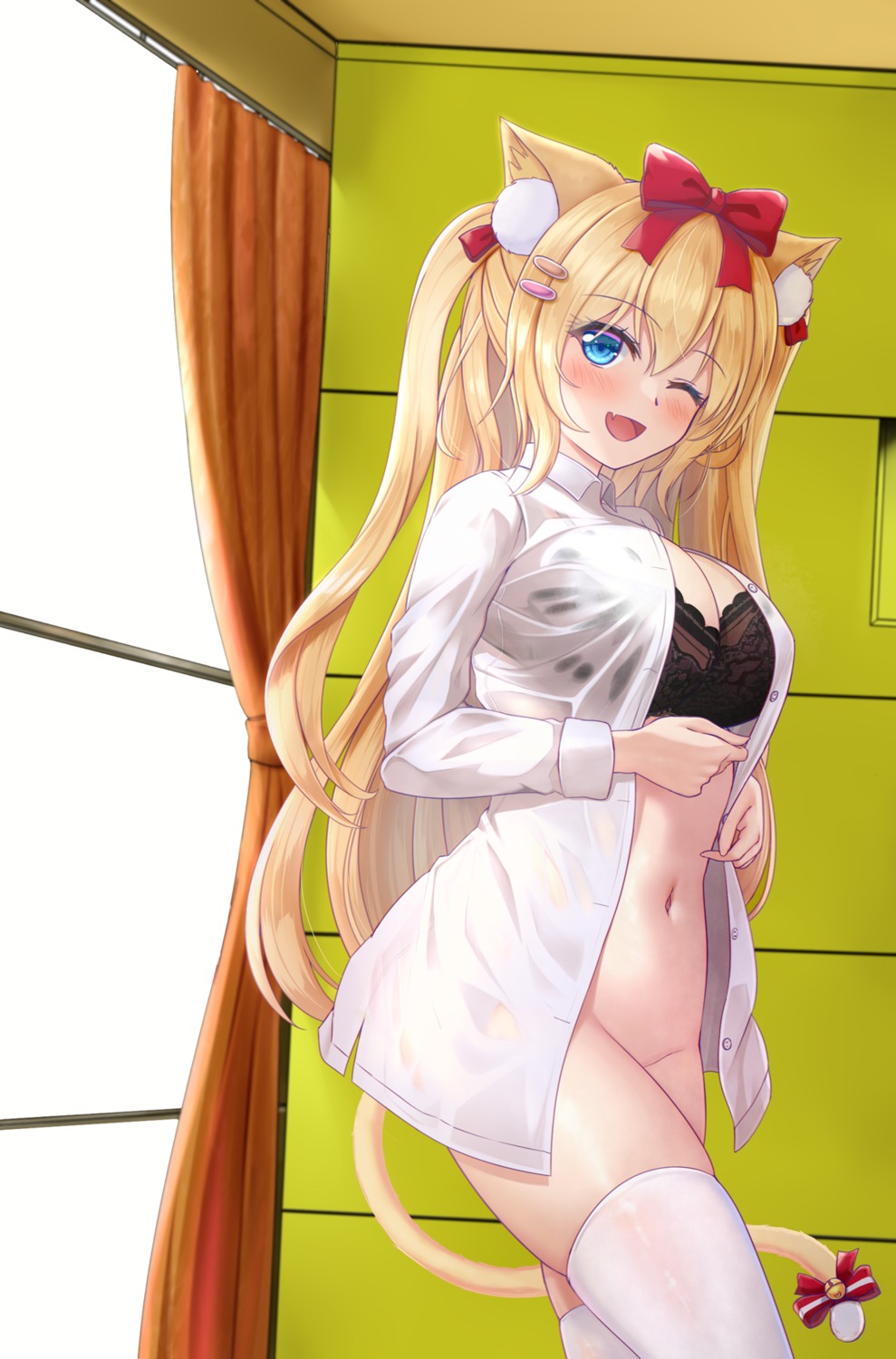 animal_ears bottomless bra dress_shirt nekomimi open_shirt see_through shenqi_(toid310) tail thighhighs wet_clothes