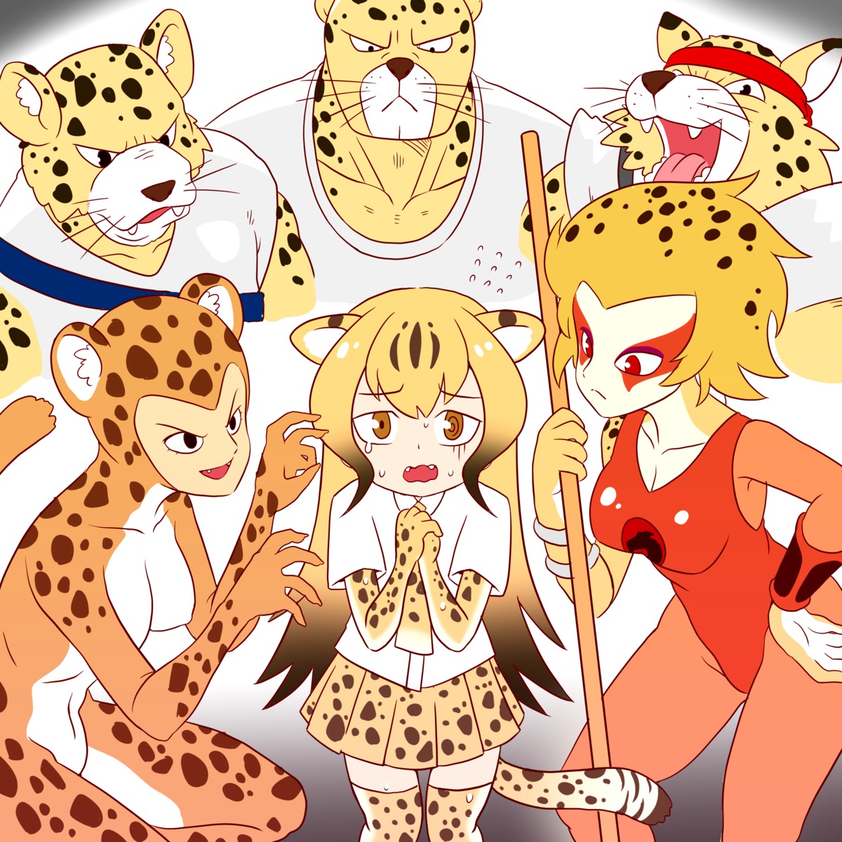 animal_ears cheetah cleavage crossover kemono_friends leotard roger-is tail thighhighs