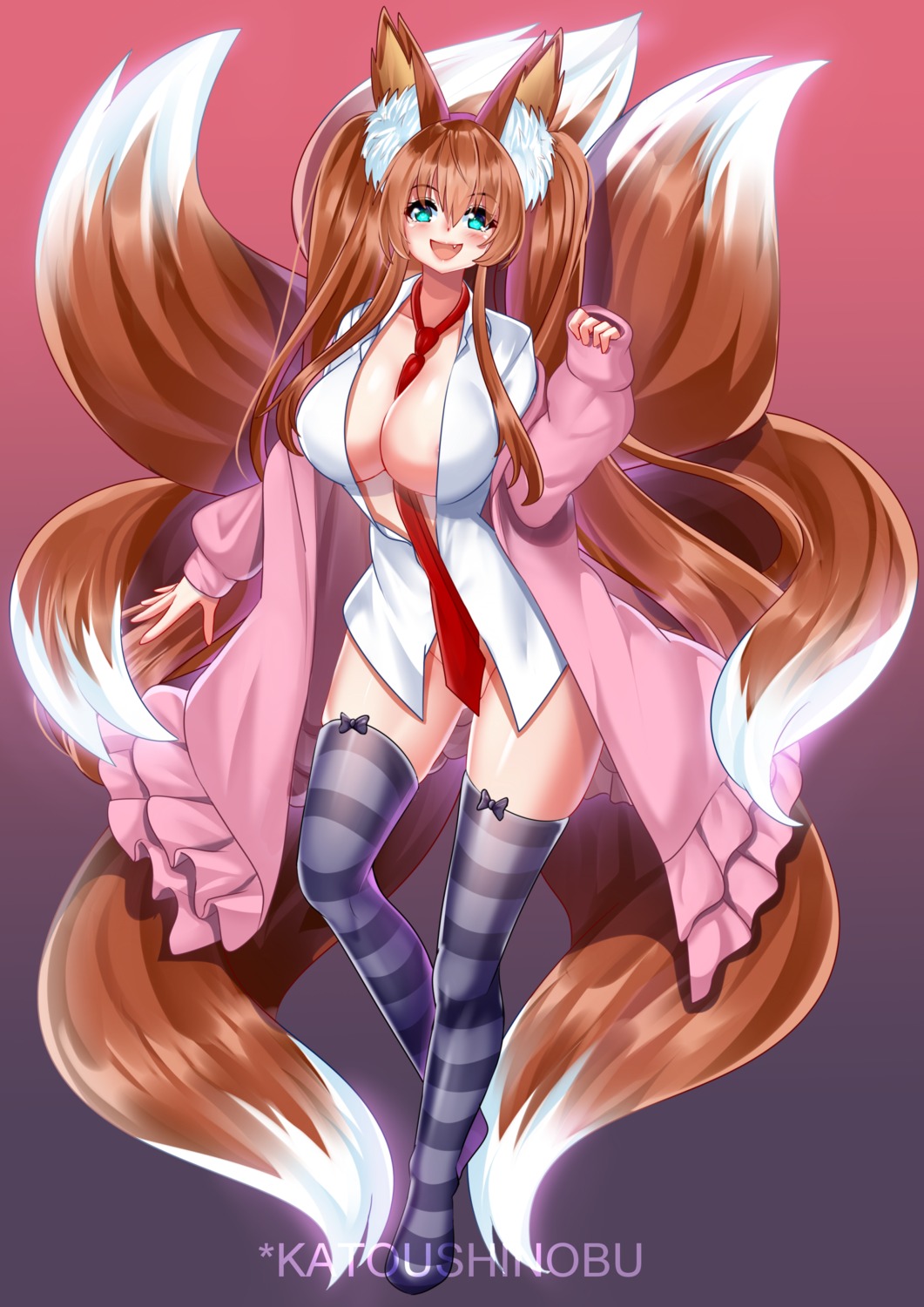 animal_ears areola kitsune nipple_slip no_bra nopan open_shirt plushmallow seifuku sweater tagme tail thighhighs