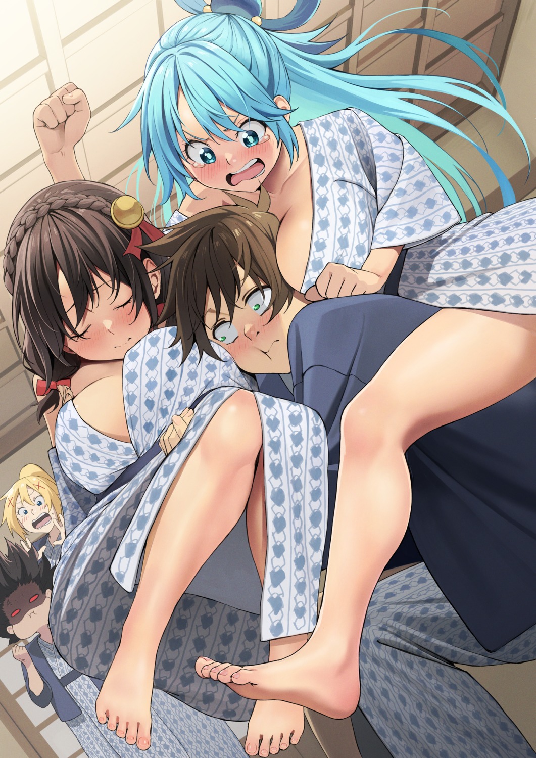 aqua_(konosuba) dustiness_ford_raratina izawa_(bhive003) kono_subarashii_sekai_ni_shukufuku_wo! megumin no_bra open_shirt satou_kazuma yukata yunyun_(konosuba)