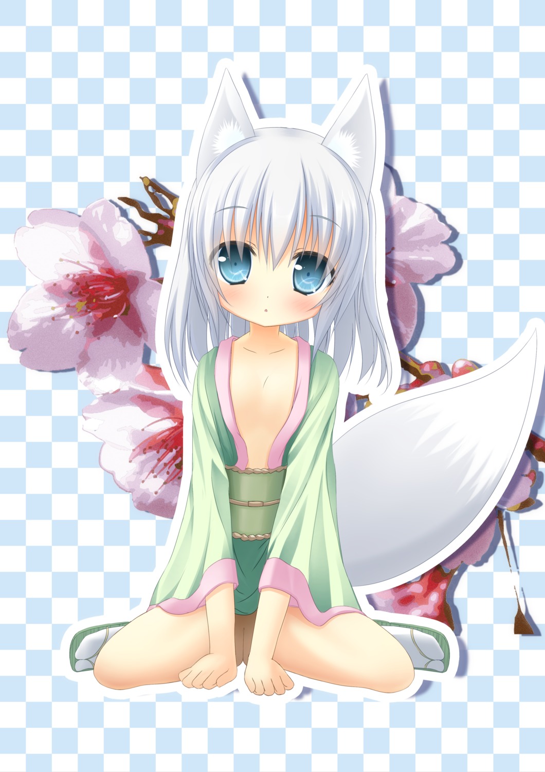 animal_ears japanese_clothes loli no_bra open_shirt sasakura_momizi tail