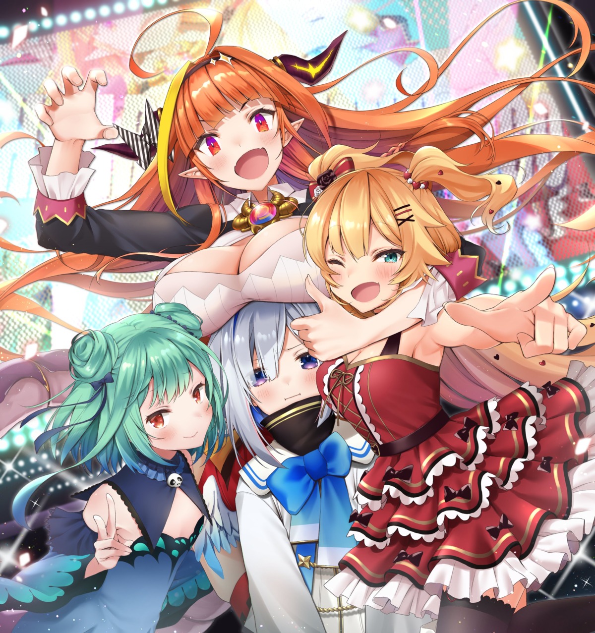 akai_haato amane_kanata cleavage dress hololive horns kiryuu_coco makinan pointy_ears seifuku thighhighs uruha_rushia wings