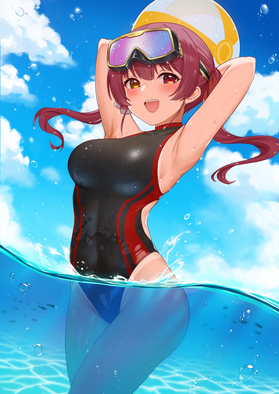 fukuro_ko_(greentea) heterochromia hololive houshou_marine swimsuits tan_lines wet