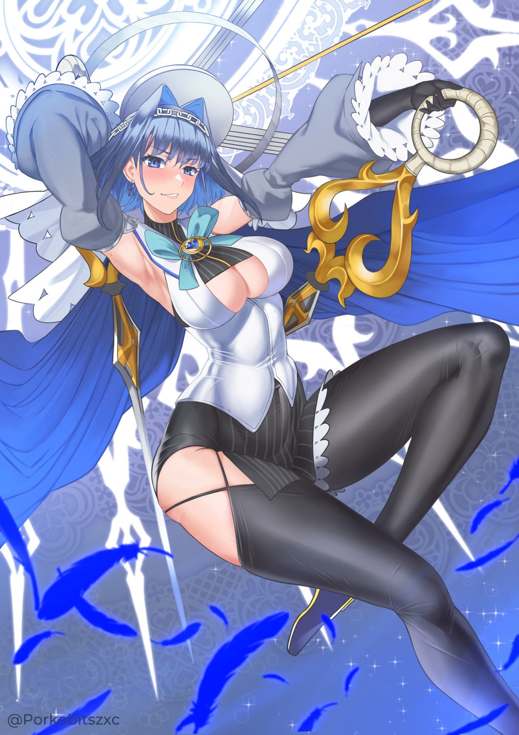 hololive hololive_english no_bra ouro_kronii porko stockings thighhighs weapon