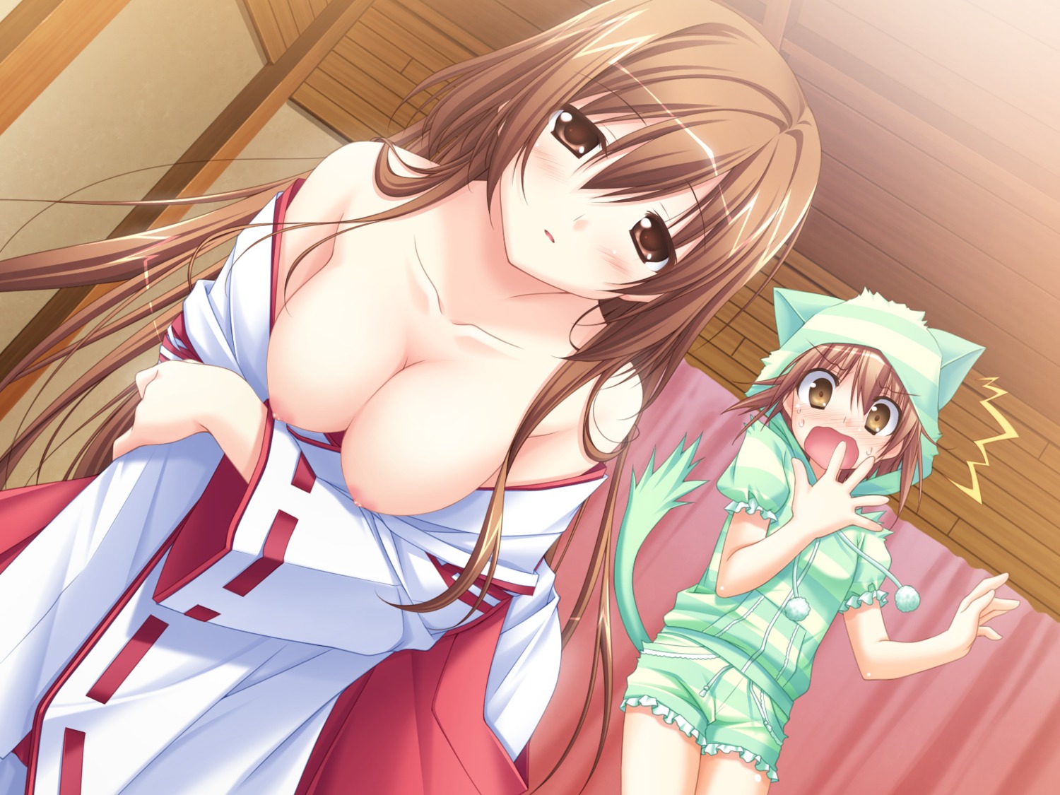 breasts chikotam delivara! game_cg miko nipples no_bra yufu_asuka yufu_sumika