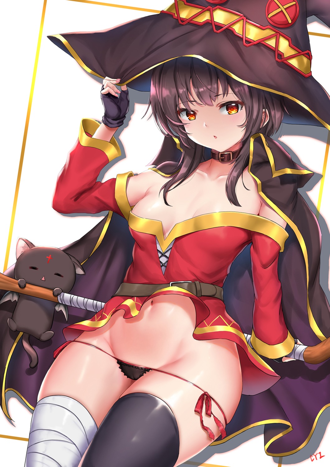 bandages cyicheng dress kono_subarashii_sekai_ni_shukufuku_wo! megumin no_bra pantsu panty_pull skirt_lift string_panties thighhighs weapon witch