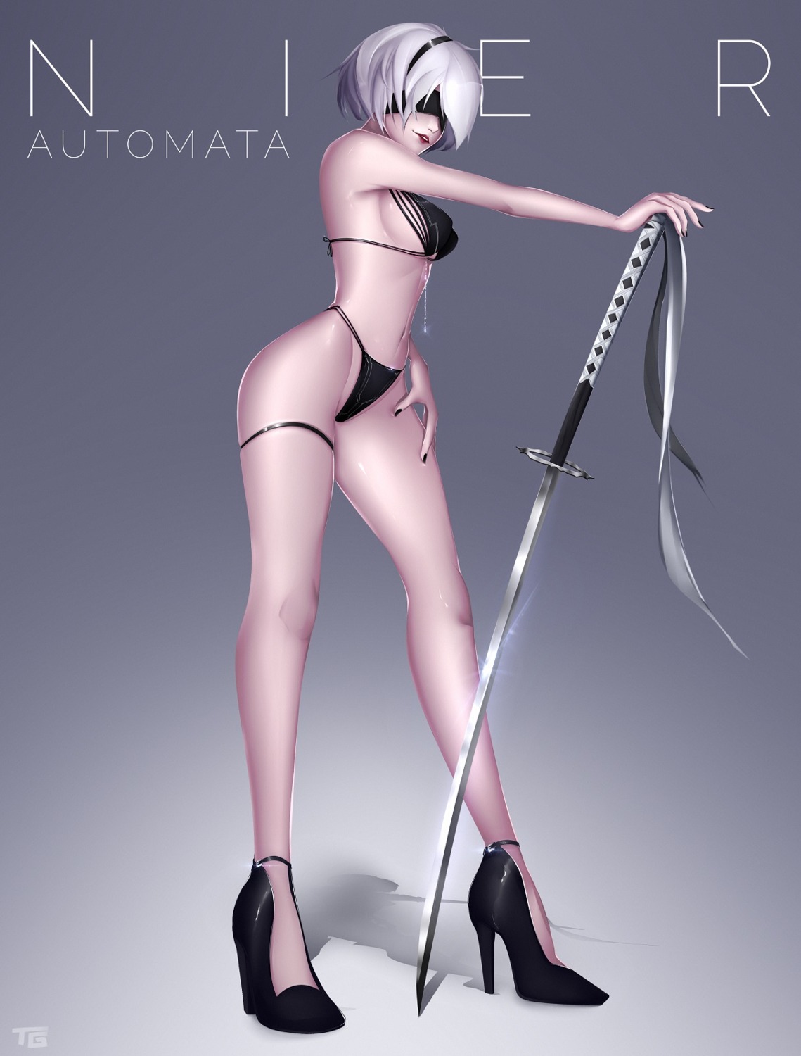 bikini garter heels nier_automata swimsuits sword thaiger yorha_no.2_type_b