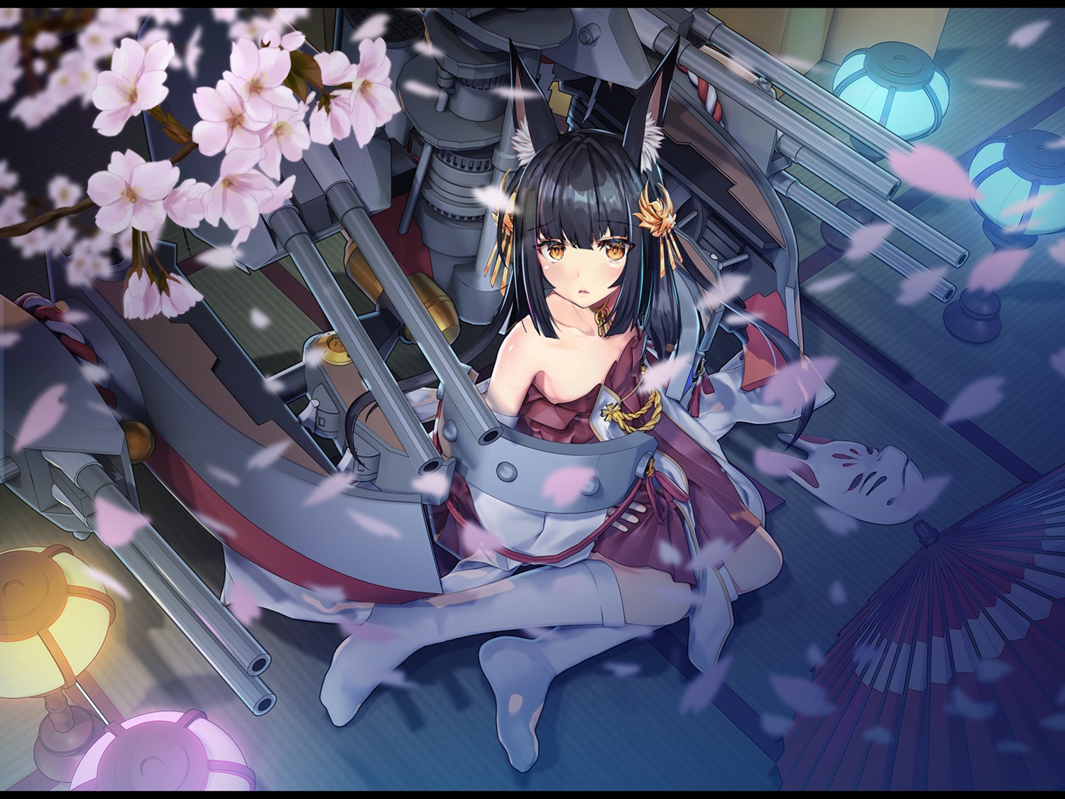 animal_ears azur_lane japanese_clothes nagato_(azur_lane) no_bra sugita_ranpaku wallpaper